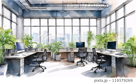 Modern office space with large windows and city view 119379269