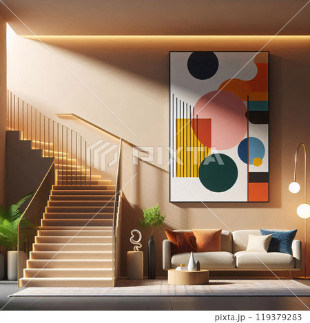 Modern interior with abstract art and staircase basking in warm light 119379283