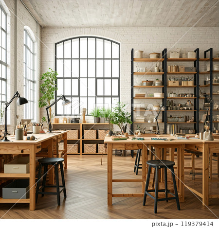 Modern loft office with plants and natural light Modern loft office with plants and natural light 119379414