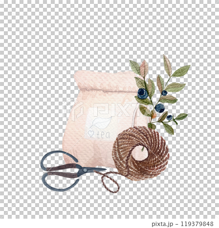 Reusable hand made tea bags with Blueberry, jute rope and scissors watercolor composition isolated on white. Hand drawn art great for cards, packages, tea, infusions, herbal recipes, stickers, tape 119379848