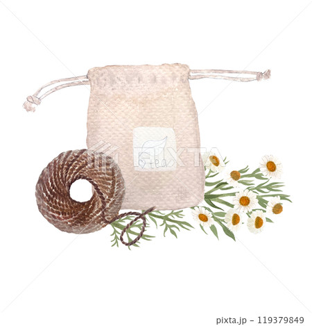 Homemade reusable tea bags with chamomile tea, rope watercolor composition isolated on white. High quality hand drawn art great for stickers, crafts and hobby, cards, tea, herbal medicine recipes 119379849