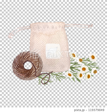 Homemade reusable tea bags with chamomile tea, rope watercolor composition isolated on white. High quality hand drawn art great for stickers, crafts and hobby, cards, tea, herbal medicine recipes 119379849
