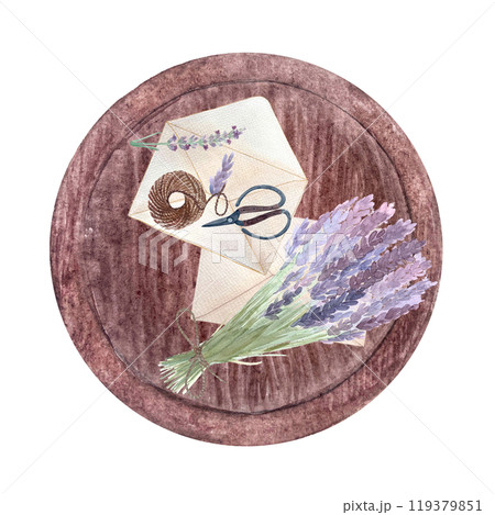 Lavender bouquet, envelopes, scissors, jute rope on a wooden tray watercolor composition isolated on white. Hand painted art great for stickers, stationary, herbal production decor and design 119379851