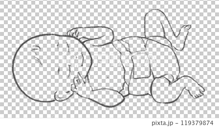おむつを履いて目をつむっている新生児の鉛筆スケッチ風イラスト 119379874