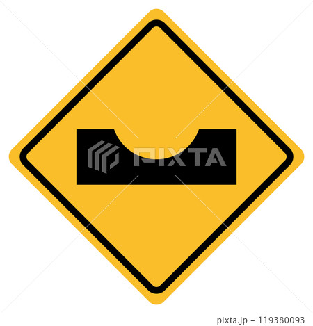 Dangerous dip sign. Dip sign on the road symbol. Hole on the road. rugged way. Traffic sign logo. Warning for a dip in the road on yellow rhombus board. Dangerous dip sign. Dip sign on the road symbol. Hole on the road. rugged way. Traffic sign logo. Warning for a dip in the road on yellow rhombus board. 119380093
