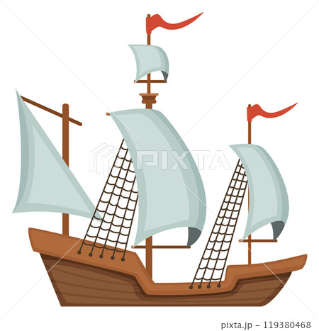 Brigantine cartoon icon. Retro sail boat. Galleon symbol 119380468
