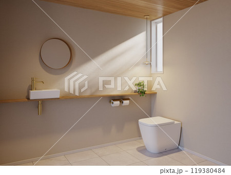 スリットFIX窓からの自然光が心地よいトイレデザイン　木と真鍮がお洒落な北欧ナチュラルテイストのイン 119380484