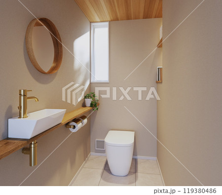 スリットFIX窓からの自然光が心地よいトイレデザイン　木と真鍮がお洒落な北欧ナチュラルテイストのイン 119380486