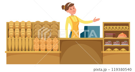Fresh bakery stand. Cartoon market bread counter 119380540