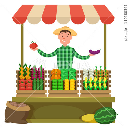 Local farm stand with fresh vegetables. Cartoon market Local farm stand with fresh vegetables. Cartoon market 119380541