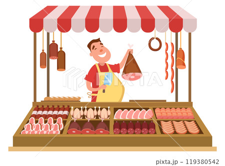 Butcher market stand. Meat store cartoon stall 119380542