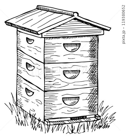 Wooden beehive. Apiary swarm house. Farm sketch Wooden beehive. Apiary swarm house. Farm sketch 119380652