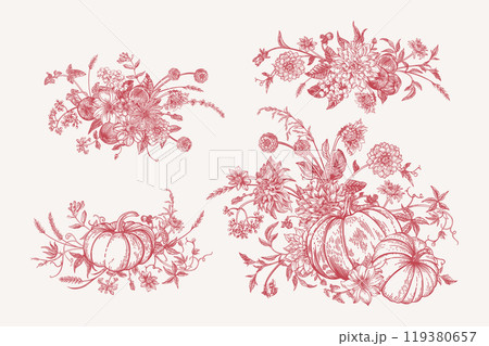 Set with bouquets of pumpkins.  Engraving 119380657
