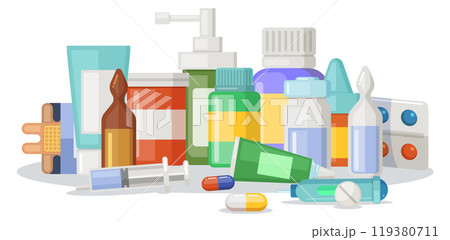 Pharmacy drugs pile. Cartoon medical treatment icon 119380711
