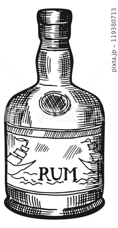 Rum glass bottle engraving. Vintage alcohol drink 119380713