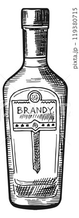 Brandy sketch. Glass bottle drawing. Alcohol menu 119380715
