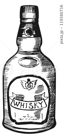 Whisky bottle sketch. Engraved alcohol glass icon 119380716