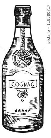 Cognac bottle engraving. Bar menu drink drawing 119380717