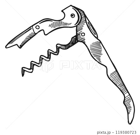 Metal corkscrew sketch. Wine bottle opener drawing Metal corkscrew sketch. Wine bottle opener drawing 119380723