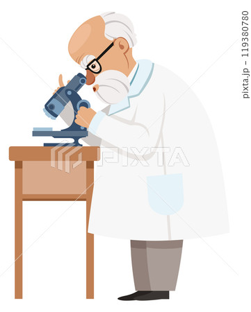 Old scientist look in microscope. Cartoon researcher mascot Old scientist look in microscope. Cartoon researcher mascot 119380780