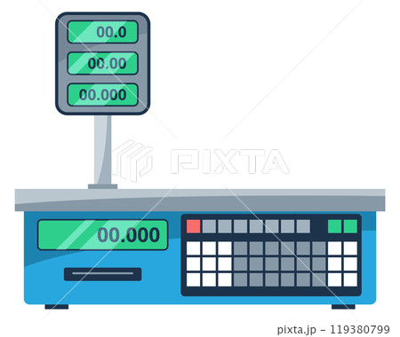 Supermarket scales. Store weight measure cartoon icon Supermarket scales. Store weight measure cartoon icon 119380799