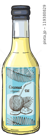 Coconut oil glass bottle. Hand drawn cooking ingredient Coconut oil glass bottle. Hand drawn cooking ingredient 119380829
