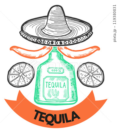 Tequila label. Vintage engraved mexican alcohol bottle Tequila label. Vintage engraved mexican alcohol bottle 119380831