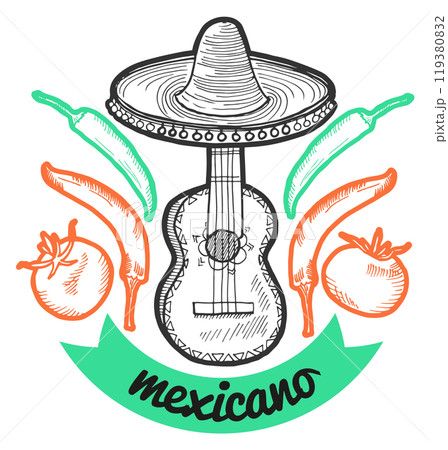 Mexicano badge. National country food logo engraving Mexicano badge. National country food logo engraving 119380832