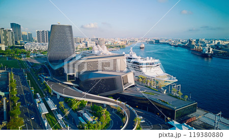 Kaohsiung, Taiwan - August 23, 2024: Aerial view of Kaohsiung Port Cruise Terminal. Kaohsiung, Taiwan - August 23, 2024: Aerial view of Kaohsiung Port Cruise Terminal. 119380880