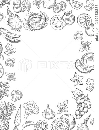 Cooking ingredients round frame. Food hand drawn border 119380888