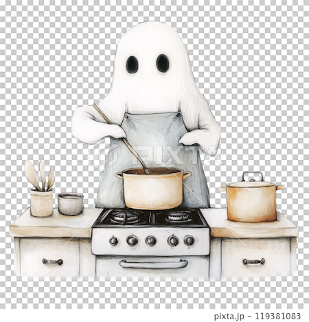 Ghost Wearing Apron and Stirring Pot on Stove Ghost Wearing Apron and Stirring Pot on Stove 119381083