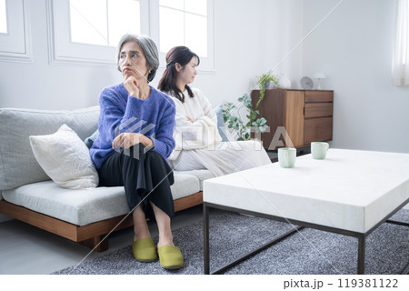 リビングで喧嘩する親子 母親と娘のイメージの全身 リビングで喧嘩する親子 母親と娘のイメージの全身 119381122