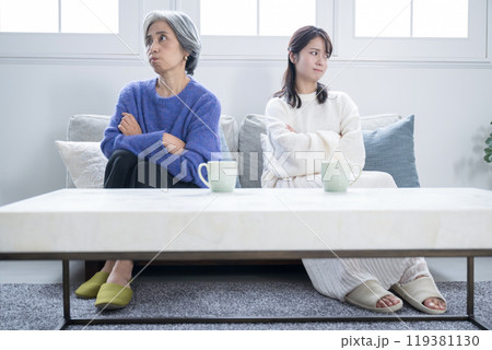 リビングで喧嘩する親子　母親と娘のイメージ 119381130