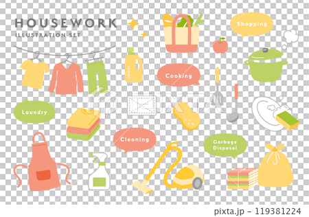 Simple housework illustration set icons cooking, laundry, cleaning, shopping, laundry, vacuum cleaner, housekeeping, life Simple housework illustration set icons cooking, laundry, cleaning, shopping, laundry, vacuum cleaner, housekeeping, life 119381224