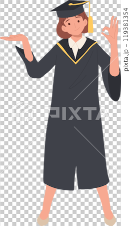 Female Graduate in Cap and Gown Showing OK Gesture. Proud Academic Success Female Graduate in Cap and Gown Showing OK Gesture. Proud Academic Success 119381354