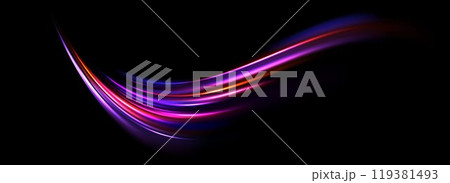 Glowing neon light splash background. Iridescent purple speed line flow. Magic luminous curved swirl concept. Abstract dynamic trail stripes. Curve streaks for poster, banner, flyer. Vector 119381493