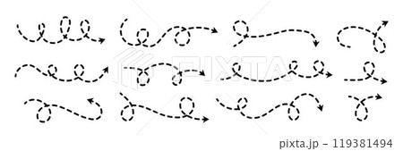 Comic dotted thin arrow set. Wavy curved dash pointer collection. Squiggle sketchy direction lines. Dots squiggle loop stripe design elements bundle for flyer, poster, brochure, banner. Vector 119381494