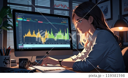 深夜に真剣にチャートチェックする女性 深夜に真剣にチャートチェックする女性 119381598