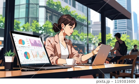 カフェで株価チャートをチェックしている女性 119381600