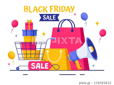 Black Friday Sale Event Vector Illustration with Shopping Paper Bags and Big Promotion Discount Purchases Goods for Promotions in a Flat Background Black Friday Sale Event Vector Illustration with Shopping Paper Bags and Big Promotion Discount Purchases Goods for Promotions in a Flat Background 119381612