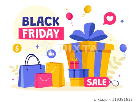 Black Friday Sale Event Vector Illustration with Shopping Paper Bags and Big Promotion Discount Purchases Goods for Promotions in a Flat Background 119381618