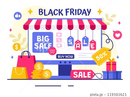 Black Friday Sale Event Vector Illustration with Shopping Paper Bags and Big Promotion Discount Purchases Goods for Promotions in a Flat Background 119381621