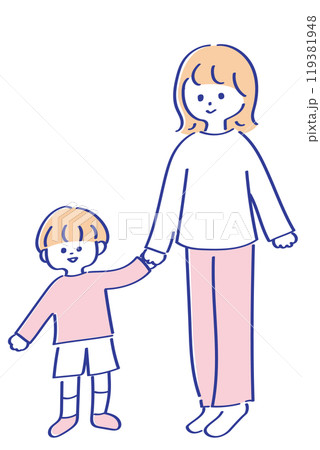 手を繋ぐ母と息子　ゆるかわいい線画イラスト 119381948