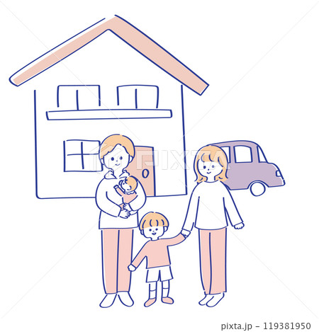 一戸建てのお家と4人家族のイラスト 119381950