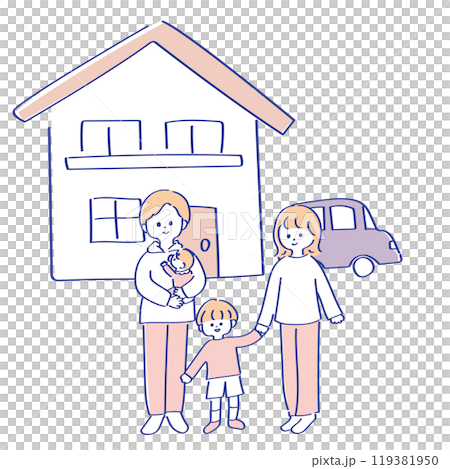 一戸建てのお家と4人家族のイラスト 119381950