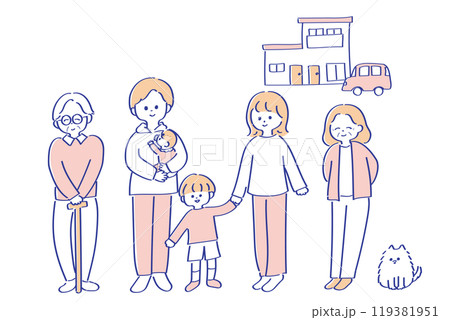 2世帯住宅と2世帯家族のイラスト　ゆる可愛い線画　カラー 119381951