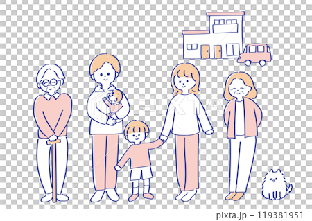 2世帯住宅と2世帯家族のイラスト　ゆる可愛い線画　カラー 119381951