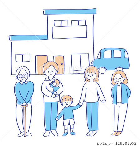 2世帯住宅と2世帯家族のイラスト　ゆる可愛い線画　ブルー系 119381952
