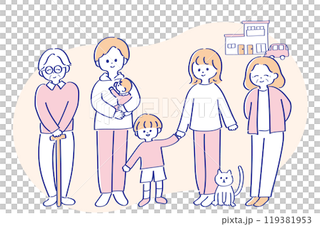 2世帯住宅と2世帯家族のイラスト　ゆる可愛い線画　カラー 119381953