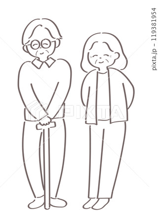 老夫婦の可愛い線画イラスト　シンプル　手書き　白黒 119381954
